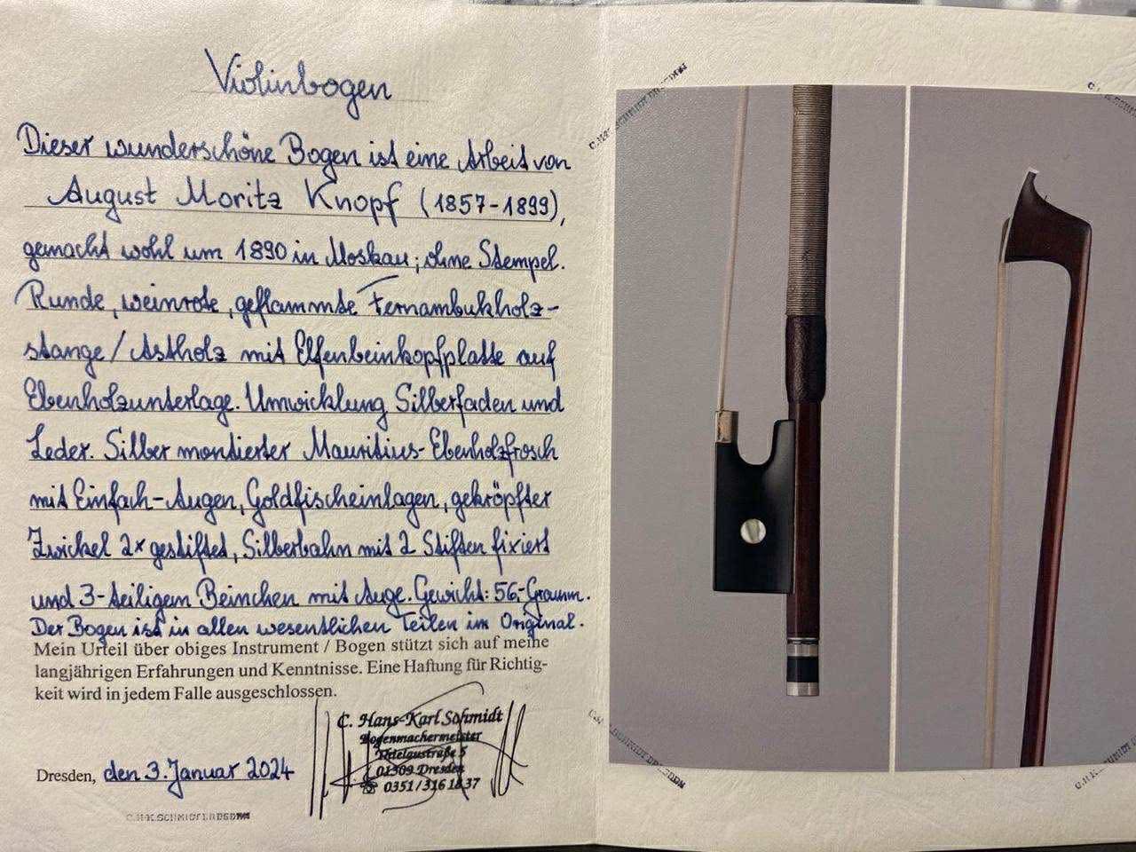H.K. Schmidt certificate for the August Moritz Knopf violin bow